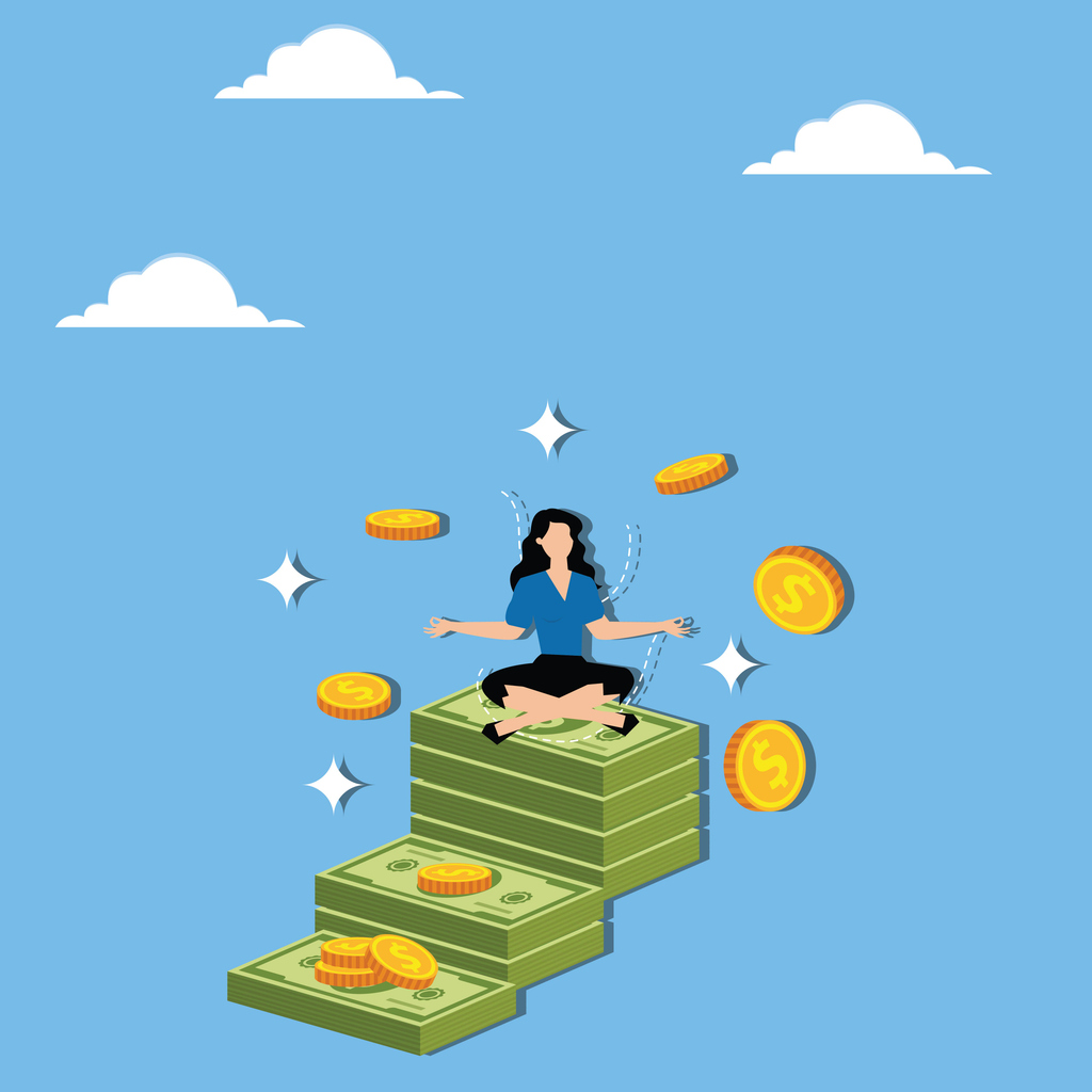 Woman relaxing and meditating on pile of money banknotes while coins rain down. Concept of financial wellbeing, effective money management, savings, investment, and accumulating wealth