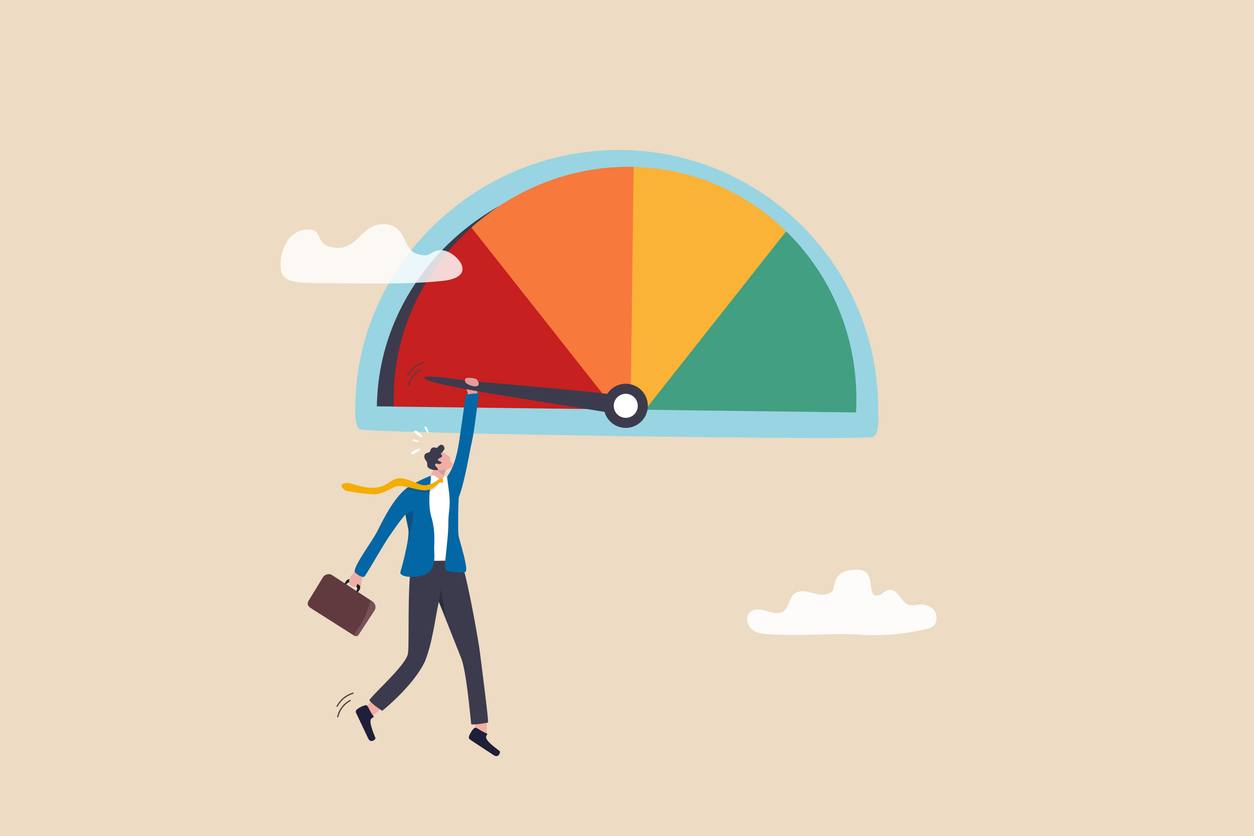 Poor performance employee, bad rating evaluation, credit score, assessment, performance review, failure worker or credit score concept, sweat frustrated businessman hold tight on performance gauge.