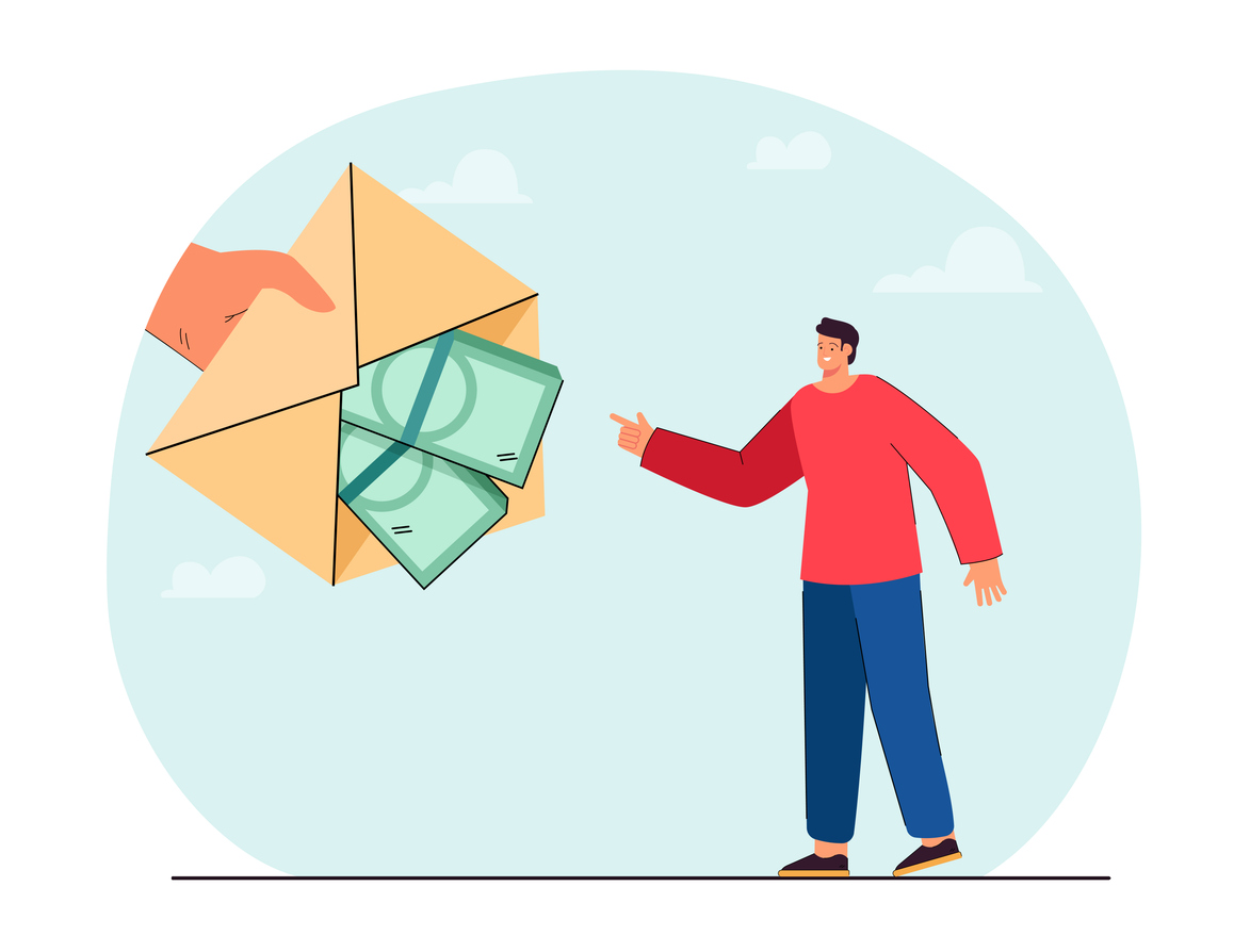 Huge hand giving envelope with money to tiny man. Happy person pointing at banknotes in letter flat vector illustration. Finances, salary, banking concept for banner, website design or landing page