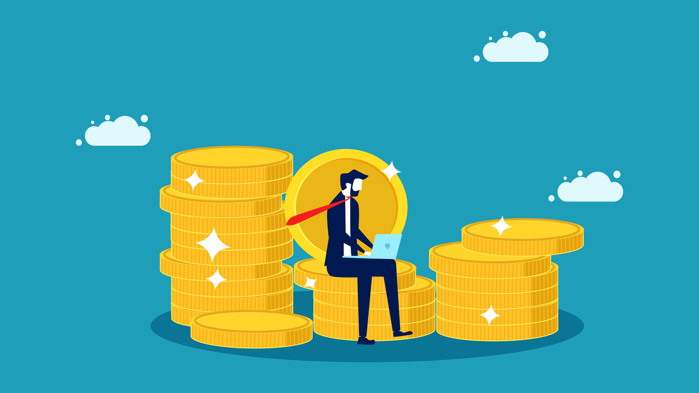 Work and invest. Businessman working on piles of money. business concept vector illustration eps