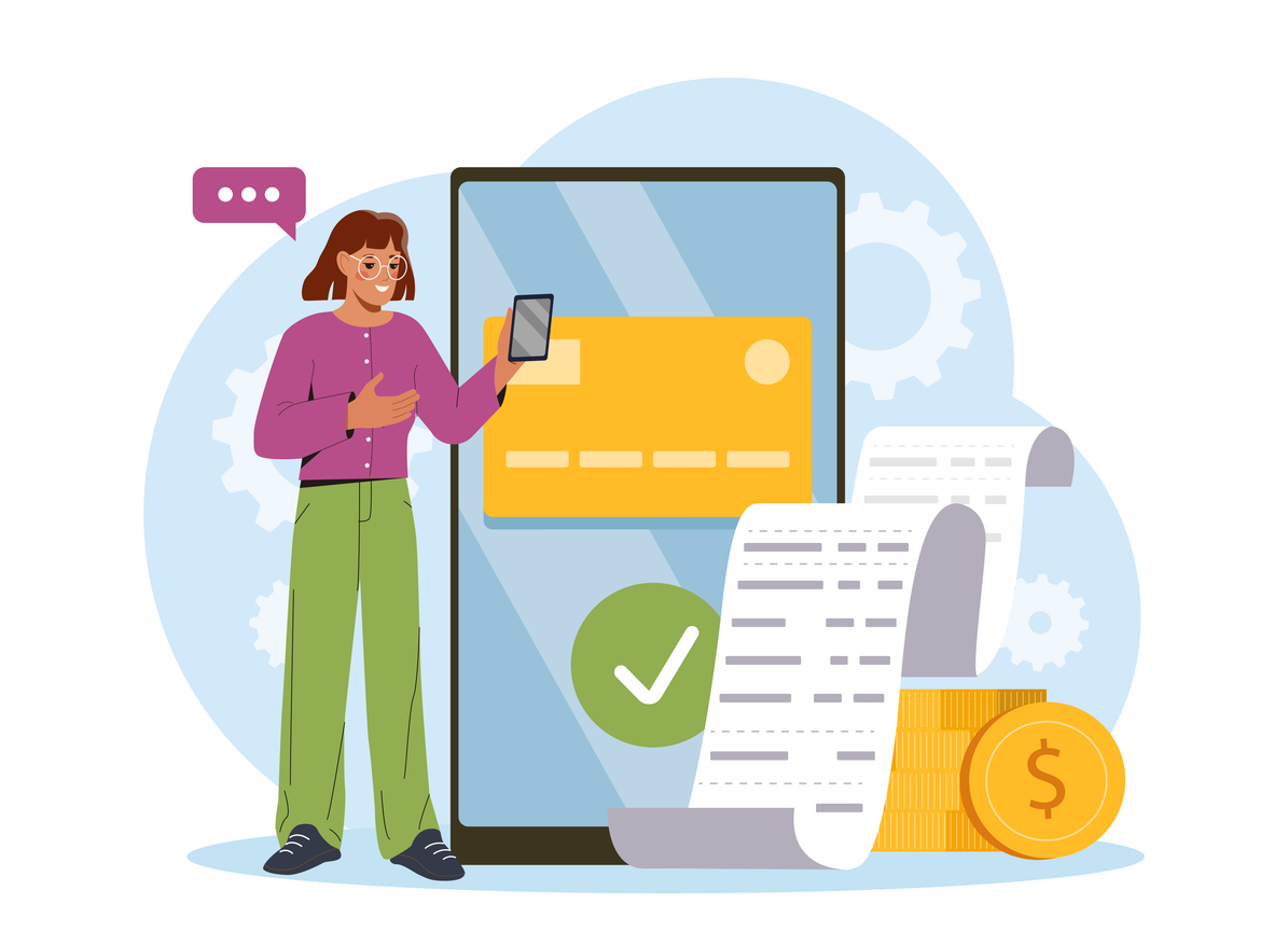 Woman using smartphone for online payment, large phone with credit card and receipt, coin stack in background. Modern finance concept. Vector illustration