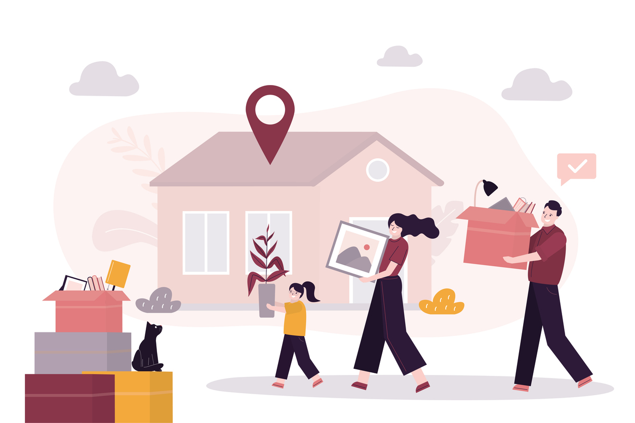 Parents and kid carry boxes and furniture to new apartment. Moving and rearranging, owners carry plants and things. Happy family relocated in new home or house. flat vector illustration