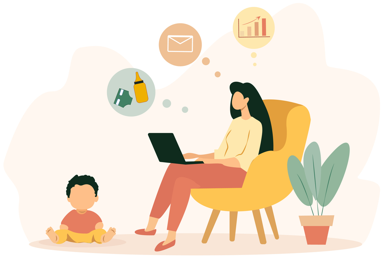 Mother is engaged in remote work, using a laptop while sitting comfortably in a chair. Her child plays nearby, surrounded by icons representing work-related tasks.