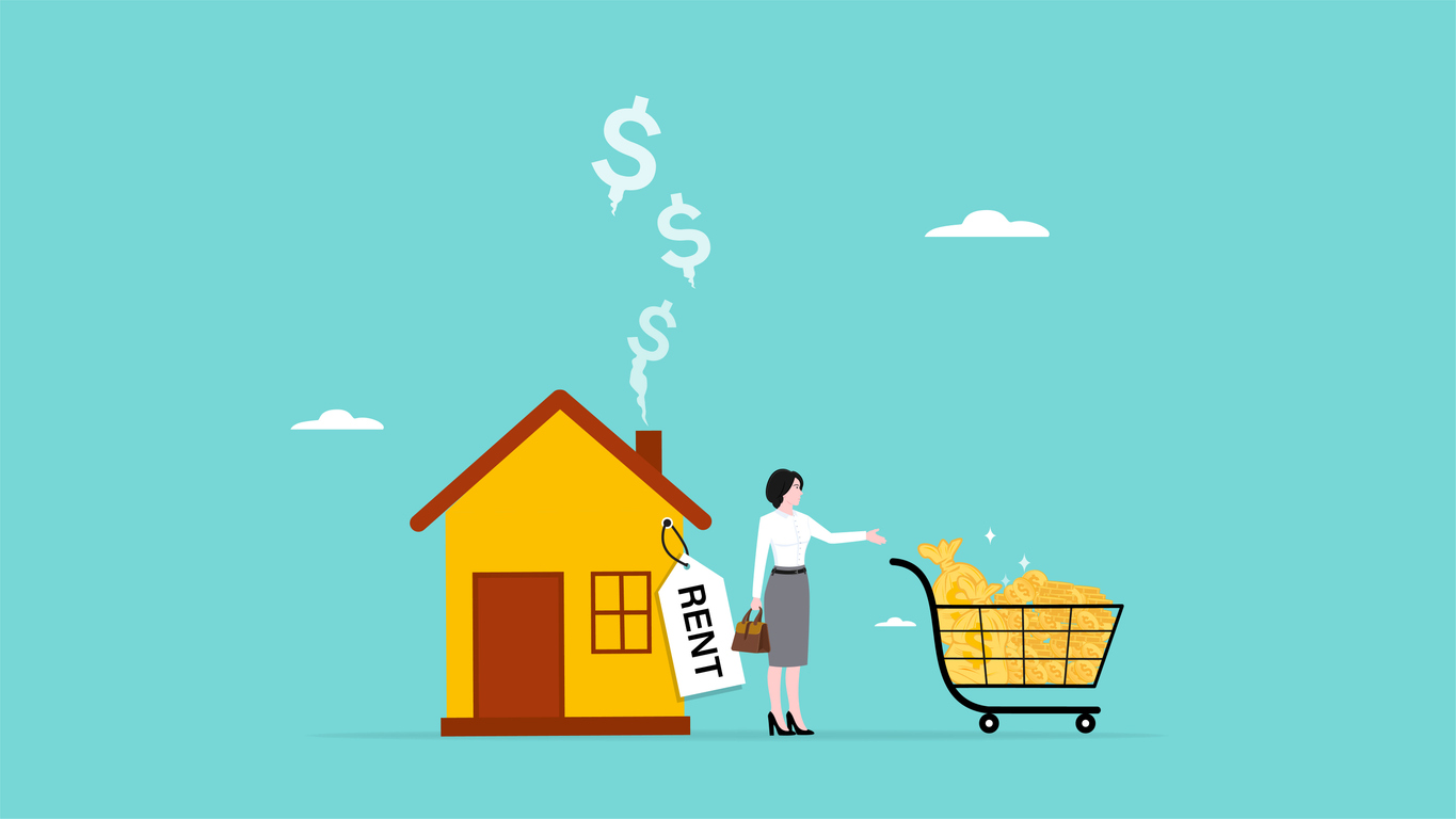 house rental business to make money, business woman standing next to his rental business house or property with lots of coins in the shopping basket