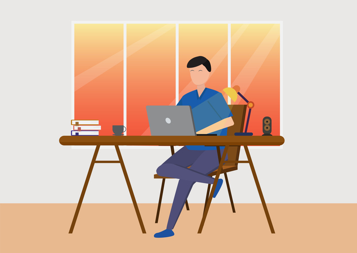 Working at home, co working space. Freelancers working at home. Vector flat style illustration