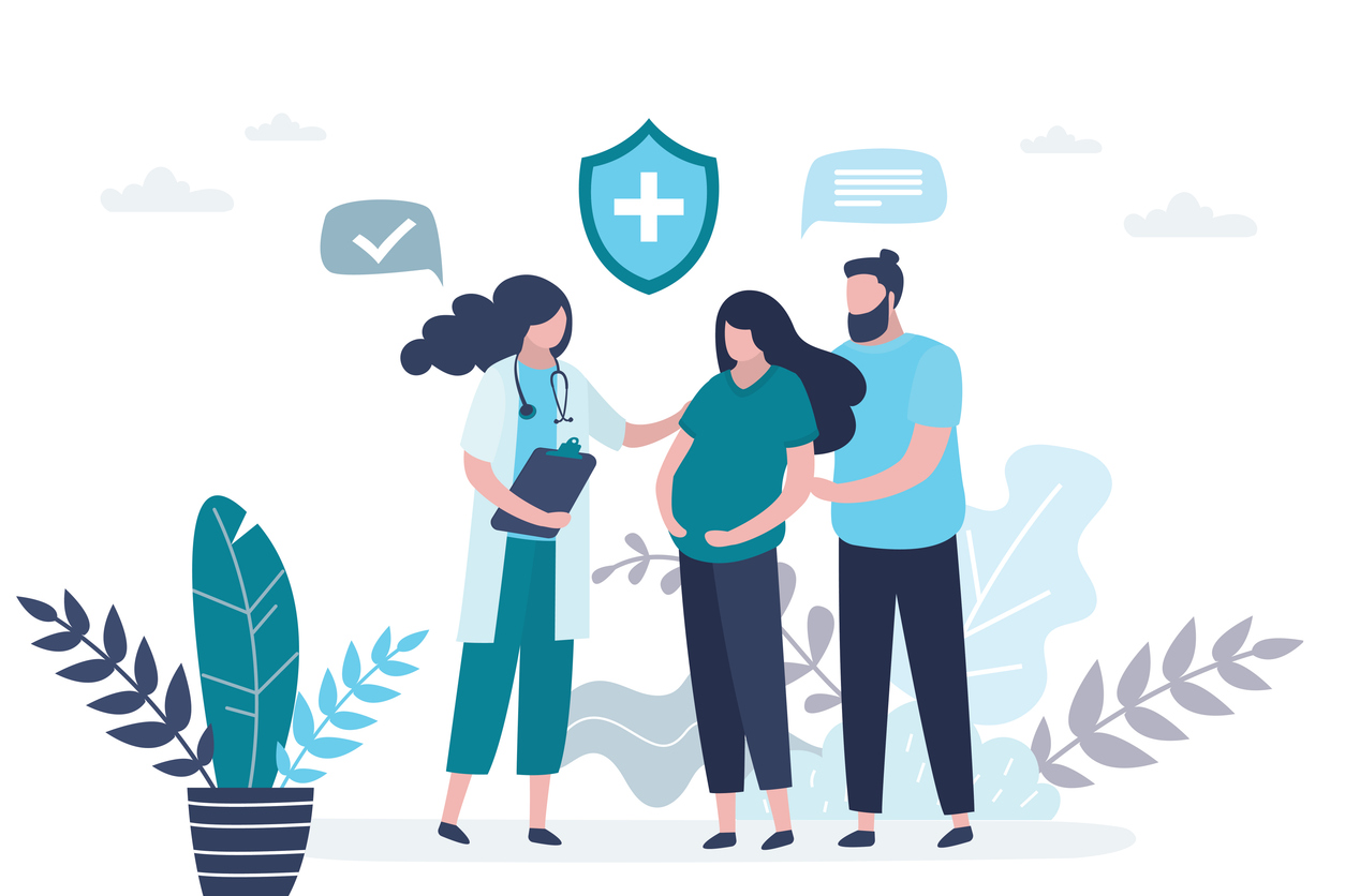 Prenatal medicine. Cute pregnant woman with husband and female doctor. Medical worker or nurse in uniform. Consultation, recommendations of physician. Health insurance or baby care. Vector