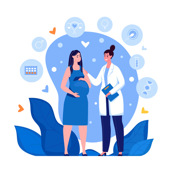Pregnant woman at the doctor's appointment. Maternity hospital, Maternal and perinatal health, Preservation of pregnancy. Vector. Illustration in flat cartoon style.