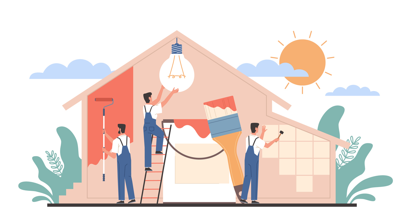 Home renovation workers. Repairman team building house. Painting, electric, finishing works, builders doing apartment repair, professional decorating service vector cartoon flat style isolated concept