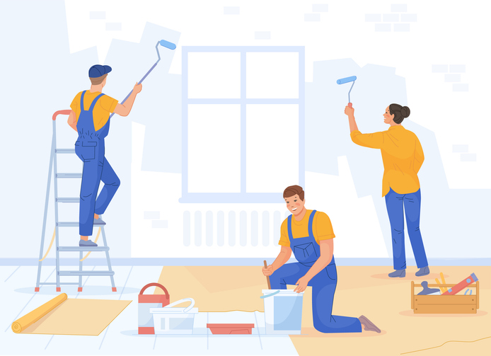Paint repair team. Decorative repairment plaster of house room, craftsman master renovate putty wall apartment, process maintenance builder happy repairers on ladder, swanky vector