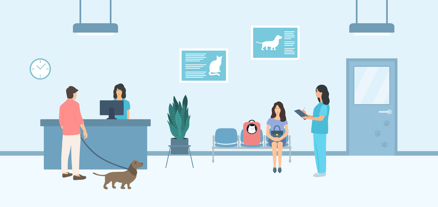 People With Their Pets Waiting For Appointment Time At A Veterinary Clinic. Vet Medicine And Veterinary Care Concept