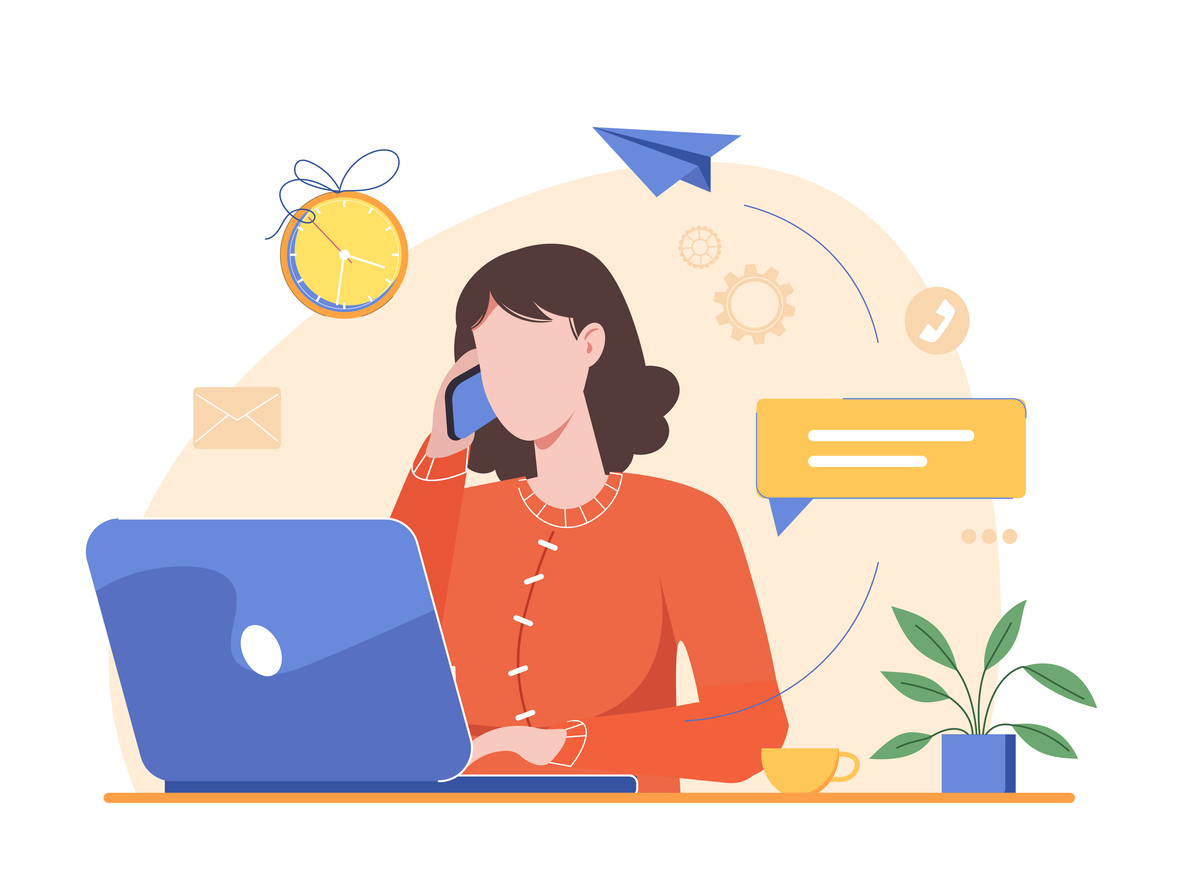 Woman sitting at a the desk with computer responding to a call. Customer support, call center, hot line. Self-employed people work in comfortable conditions. Vector illustration in flat style