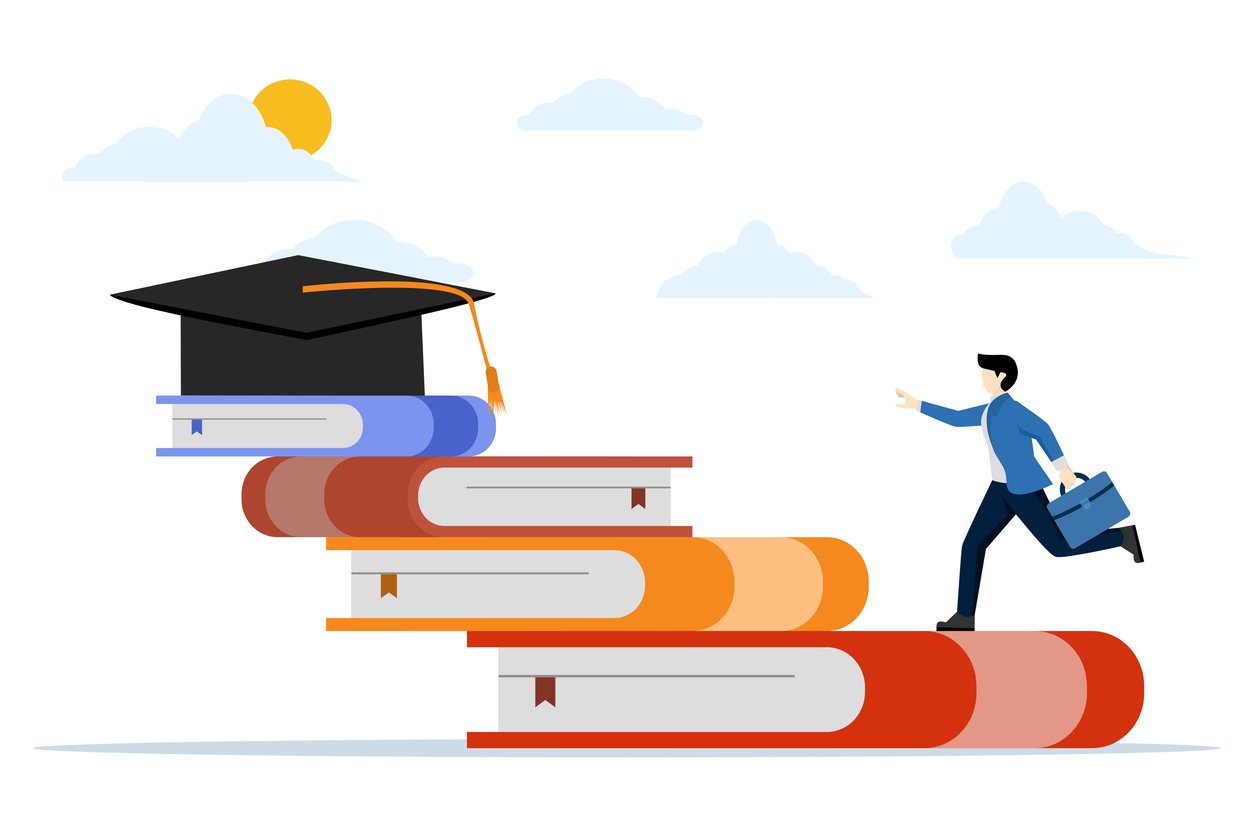 The concept of measuring education or success, entrepreneurs step on piles of books as a ladder to reach the graduation limit above. studies for skill development to achieve business success. vector.
