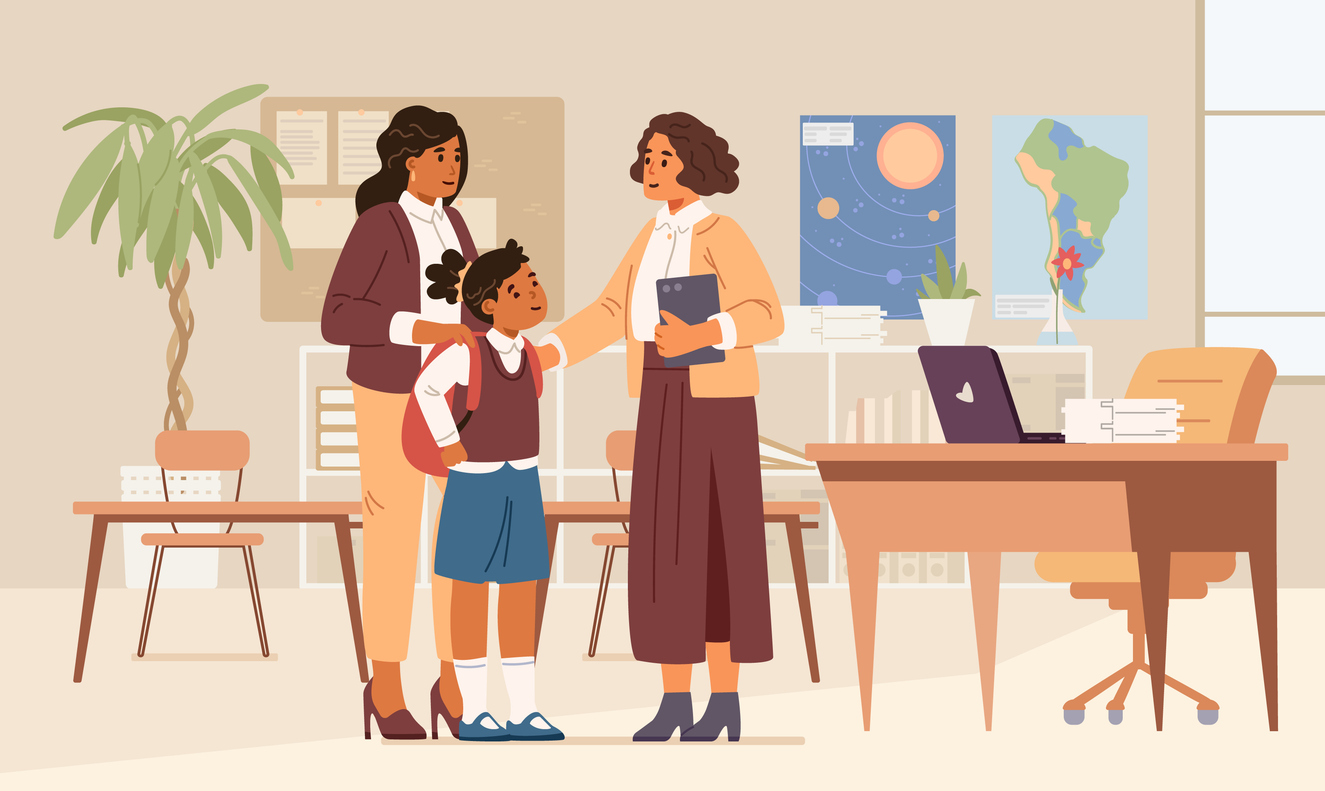Asian mother with daughter meeting with school teacher in classroom flat vector illustration.