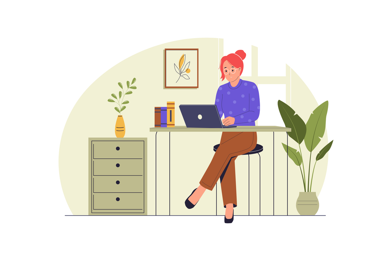 Woman Working on Laptop in Cozy Home Office. Remote Work Concept Illustration. Illustrations for websites, landing pages, mobile apps, posters and banners
