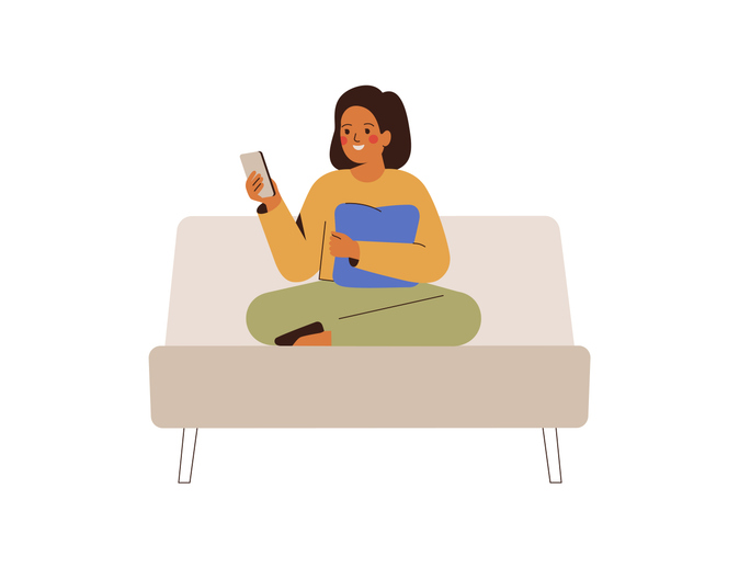 young woman sits in sofa and scrolling internet on mobile. girl using smartphone for shopping or chatting. Vector illustration