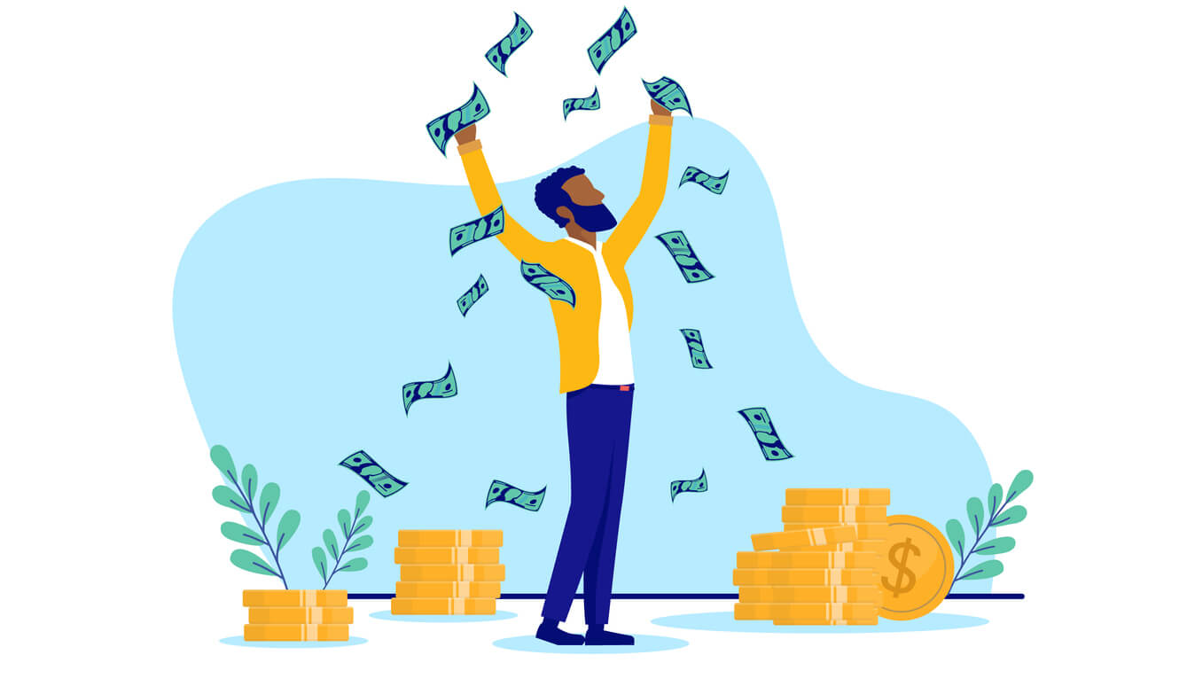 person surrounded by money cheering