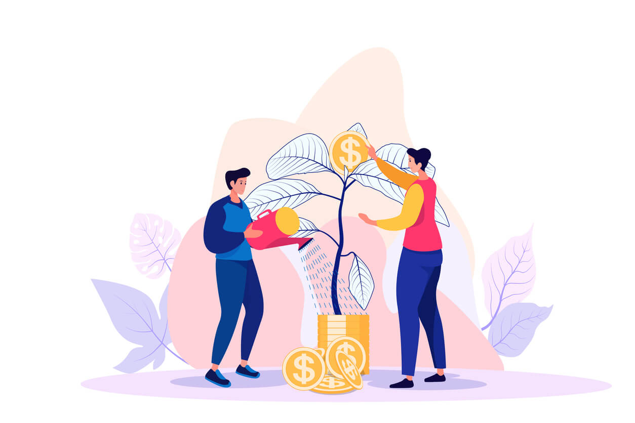 people watering tree growing money