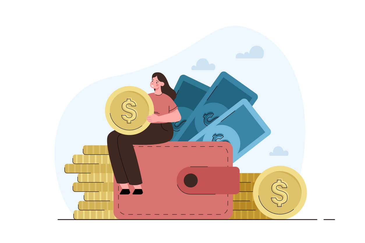 person sitting on wallet and coins
